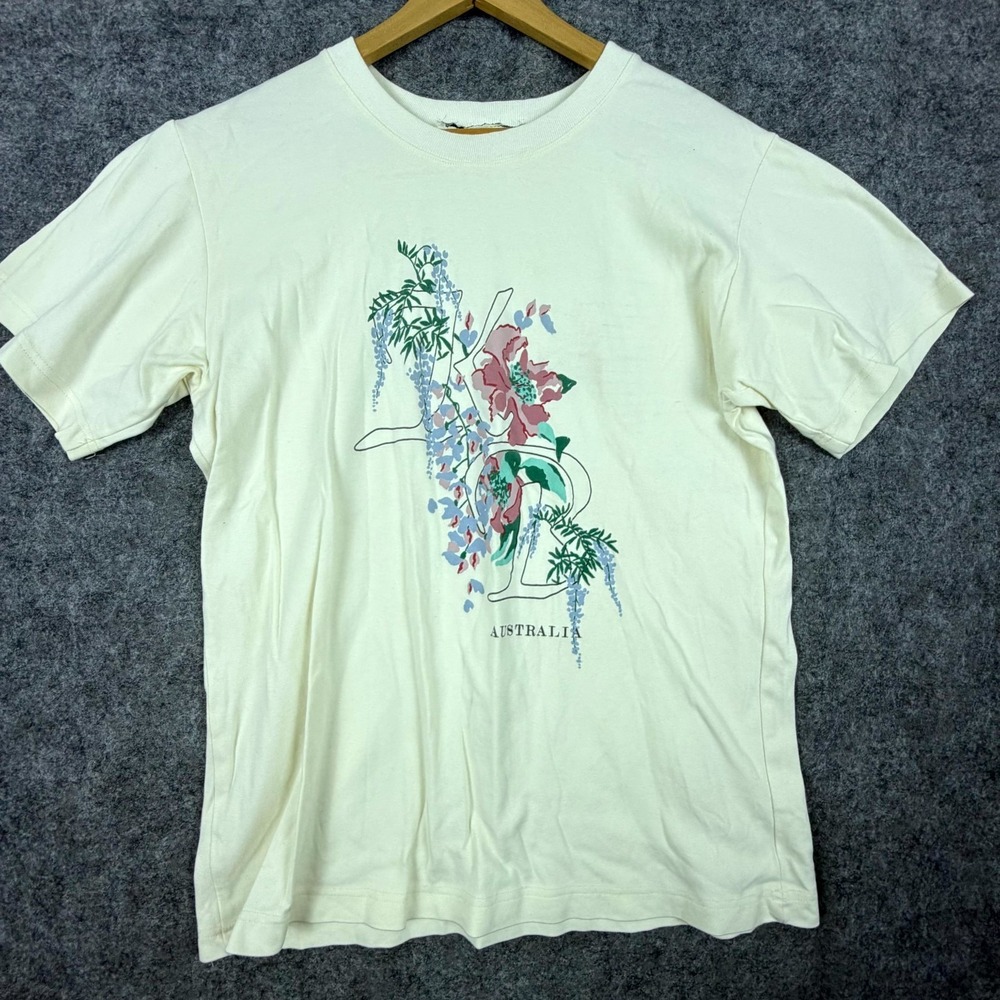 VTG KB T-Shirt Womens Off White Pastel Floral Print Australia Word Everyday Wear